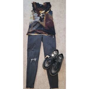 VTG Y2K Abstract Print Sleeveless Top M Ruffle Neck Indie Sleaze Alt Semi Sheer